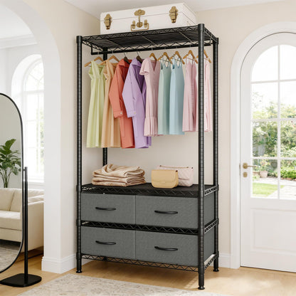 GarveeHome Portable Clothes Rack, Freestanding Garment Rack with 4 Fabric Drawers and Detachable Hang Rod, Metal Adjustable Closet Wire Clothing Racks, 35.4" Lx15.7 Wx71 H. Gray