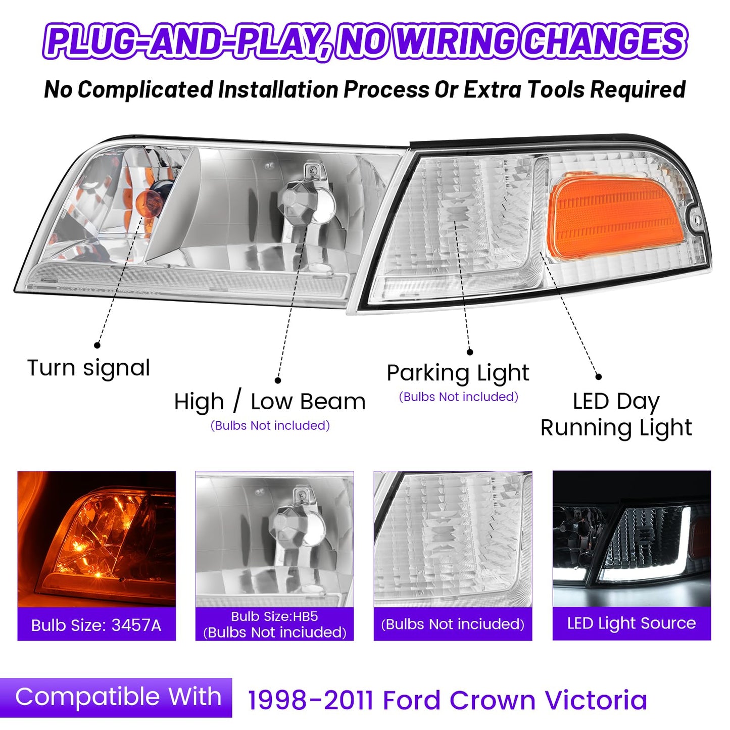XGWZ Headlight Assembly LED DRL Compatible with 1998-2011 Ford Crown Victoria 98-11 Ford Crown Victoria w/Corner Headlamp (Chrome Housing Reflector, C)