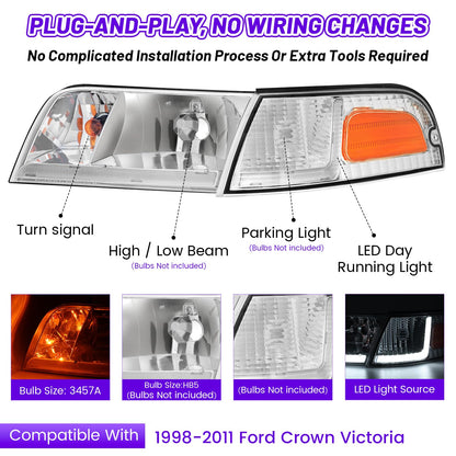 XGWZ Headlight Assembly LED DRL Compatible with 1998-2011 Ford Crown Victoria 98-11 Ford Crown Victoria w/Corner Headlamp (Chrome Housing Reflector, C)