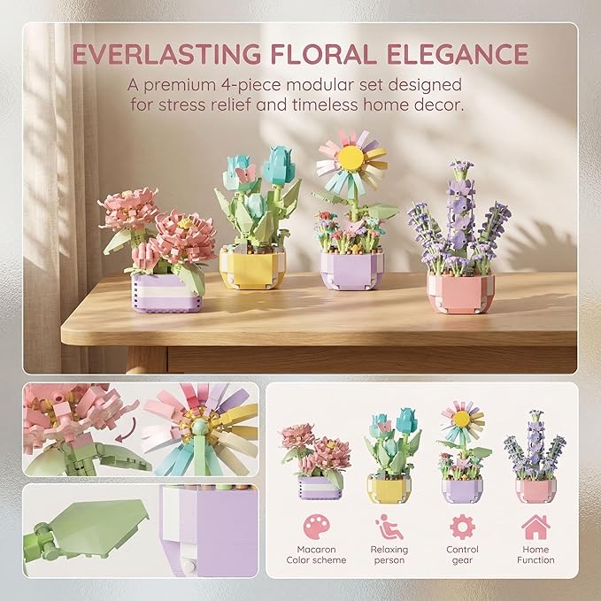 Mini Flower Bouquet Building Sets - Botanical Collection Artificial Flowers for Home Decor Creative Easter Gifts for Teens Girls &amp Adults (Chrysanthemum sunflower tulip lavender set of four)