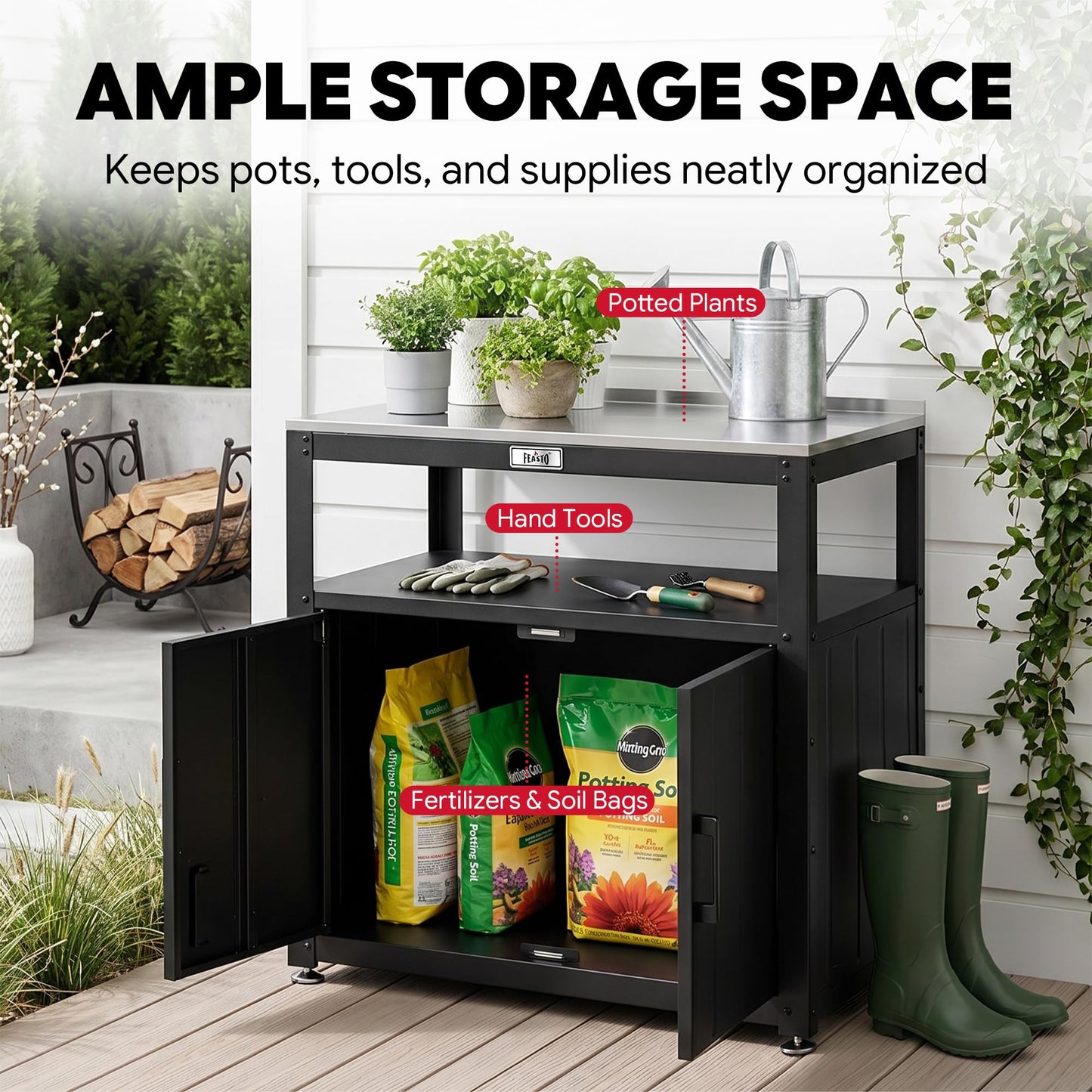 Feasto Outdoor Potting Bench with Storage Cabinet, Garden Work Bench & Potting Table, Stainless Steel Tabletop Potting Station for Patio Lawn Greenhouse Gardening