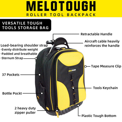 Wheeled Rolling Tool Bag Heavy Duty Tool Backpack for Men Tool Organizer Bag Including Laptop Sleeve(Yellow)