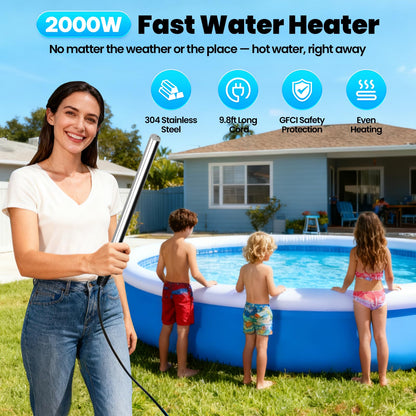 Immersion Water Heater for Bathtub, 2000W Portable Submersible Water Heater, Fast Heating Bathtub Water Heater for Small Above Ground Pool, Inflatable Hot Tub, Bucket, Stock Tank,Camping