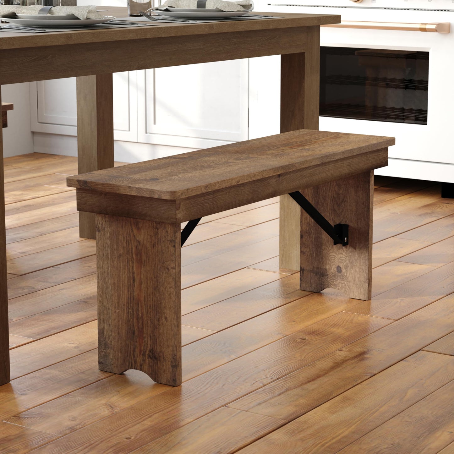 Flash Furniture Hercules Series 40" x 12" Commercial Grade Rustic Solid Pine Folding Bench, Antique Farmhouse Dining Bench, Seats up to 2 Adults