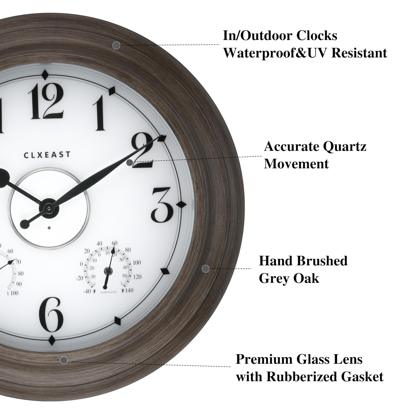 CLXEAST 24 Inch LED Illuminated Outdoor Clocks Waterproof with Thermometer & Hygrometer, Large Lighted Metal Wall Clock with Smart Night Light Sensor,Grey Oak Finish,House Warming Gifts New Home
