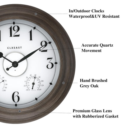 CLXEAST 24 Inch LED Illuminated Outdoor Clocks Waterproof with Thermometer & Hygrometer, Large Lighted Metal Wall Clock with Smart Night Light Sensor,Grey Oak Finish,House Warming Gifts New Home