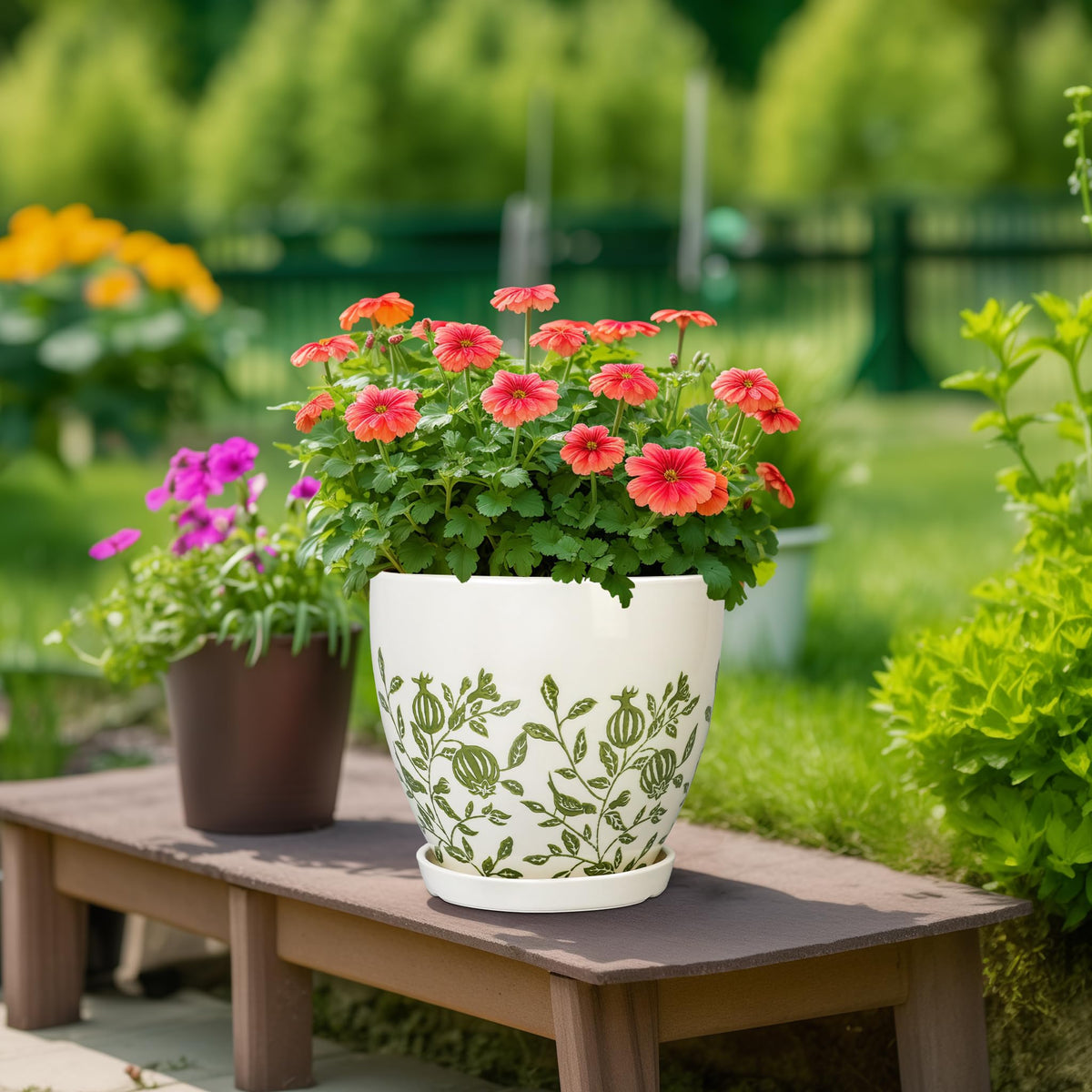 MPotTo 10 Inch Plant Pot - Ceramic Planter with Drainage Hole and Saucer, Boho Round Decorative Flower Pot for Indoor Plants, Housewarming Gifts, Office Garden Home Outdoor Decor, White