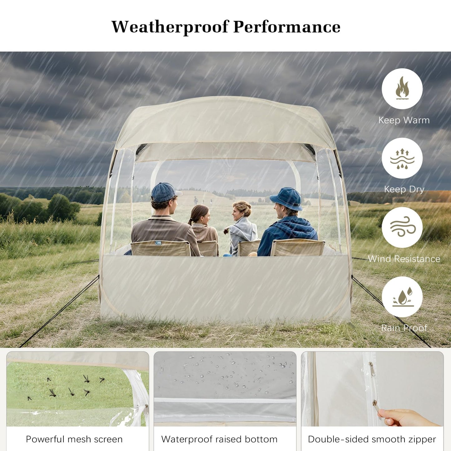 Raynesys Sports Tent, Portable & Foldable Pop Up Tents Shelter for 1-4 Person, Instant Weather Proof Clear View Bubble Tent with Carry Bag for Watching Sports Events, Camping, Fishing, Beige
