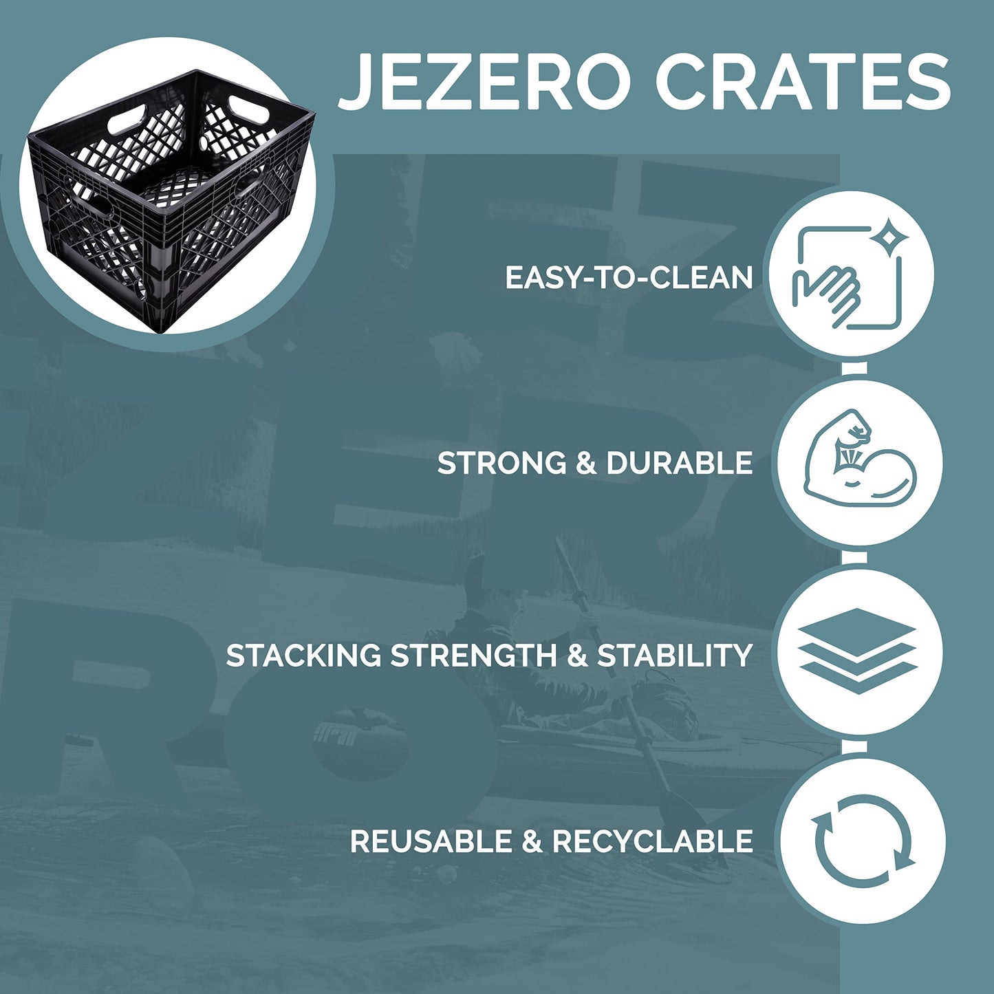 JEZERO 24 Quart 4-Pack Heavy Duty Plastic Crate | Stackable Multi-Purpose Storage Bin for Garage, Home, Office, Groceries, Outdoor, Camping & Kayaking | Black Utility Tote, 19" x 13" x 11"
