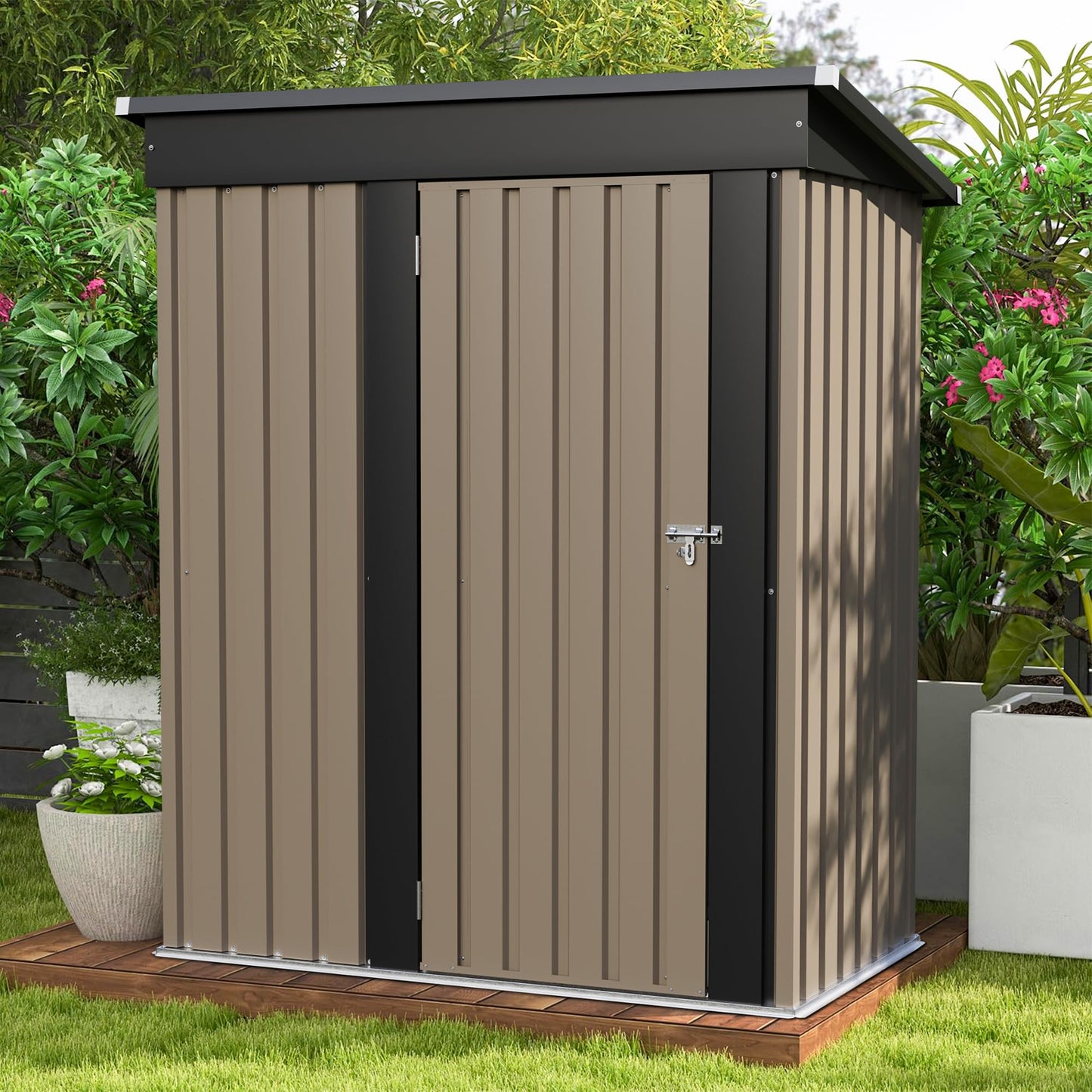 Patiowell 5x3 FT Outdoor Storage Shed, Tool Shed with Sloping Roof and Lockable Door, Metal Shed for Backyard Garden Patio Lawn, Brown