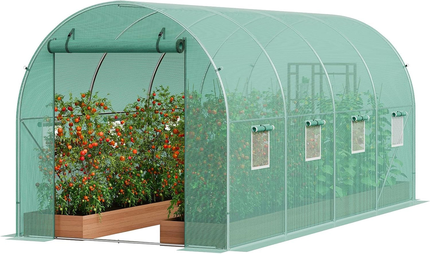 Heavy Duty Walk-in Greenhouse for Outdoor Gardening, Plant Growth with Galvanized Steel Frame, Green PE Cover, Roll-Up Door & 8 Vent Windows for Year-Round Gardening