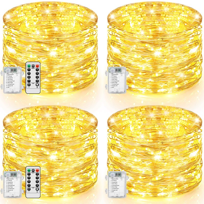 Lakumu 4-Pack 132FT 400LED Fairy Lights, Battery Operated String Lights with Timer & Remote, 8 Modes, Waterproof Twinkle Lights for Indoor Outdoor Bedroom Wedding Decor, Warm White(33FTx4)