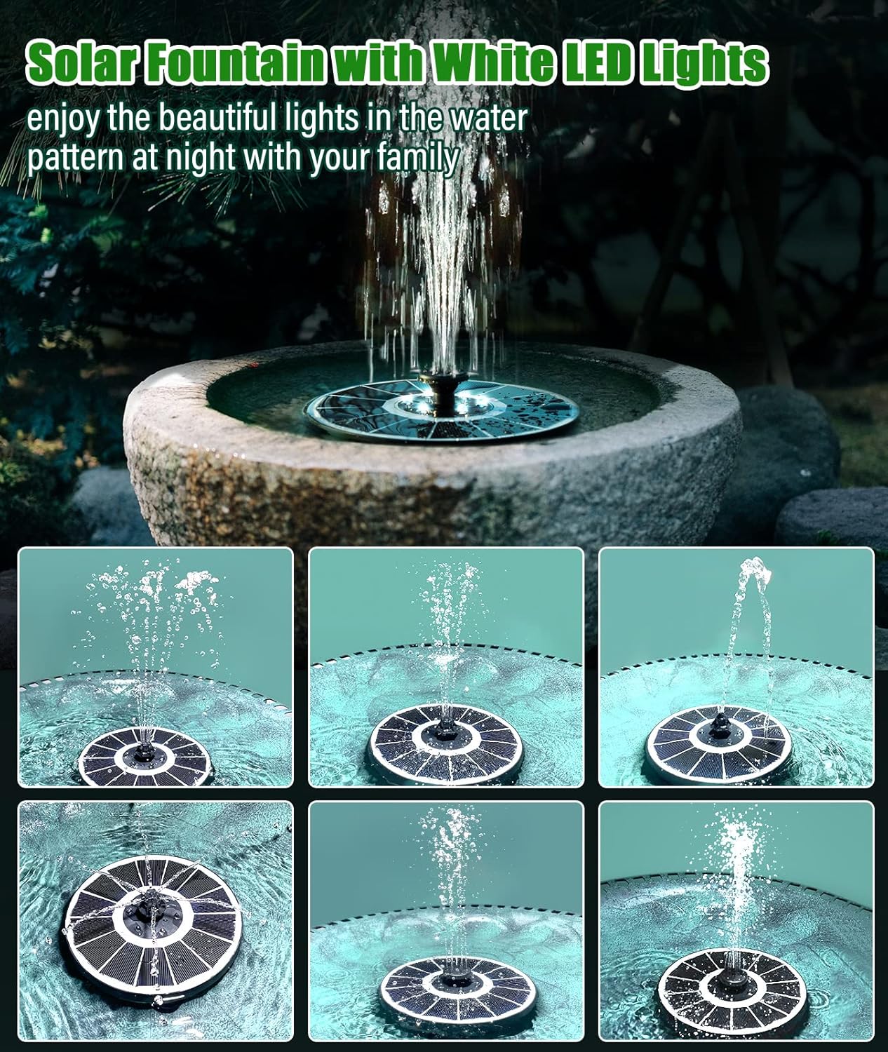 SZMP Solar Fountain - Upgraded 100% Glass Panel, 3.5W Floating Water Pump with 2000mAh Battery | 7 Nozzles for Garden & Pond