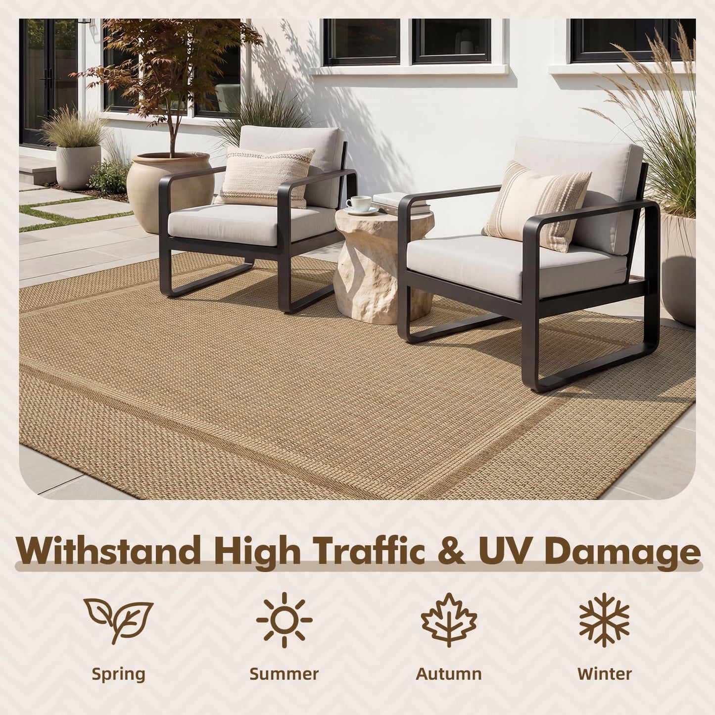 MontVoo-Outdoor Rug-Patio Rug 8x10 ft Polypropylene Indoor Outdoor Rugs Outdoor Carpet for Patio Deck Balcony Porch, Textured Weave, Durable for High Traffic, Fade-Resistant, Modern Neutral Brown