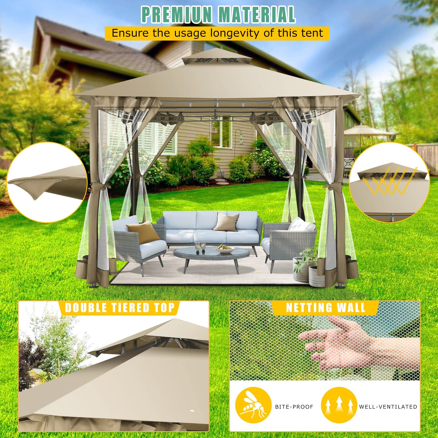 HOTEEL 10’x10’ Gazebo on Clearance, Waterproof Outdoor Gazebo with Mosquito Netting, Double Roof and Heavy Duty Durable Frame, All Weather Easy Assembly for Patio, Backyard, Garden, Windproof