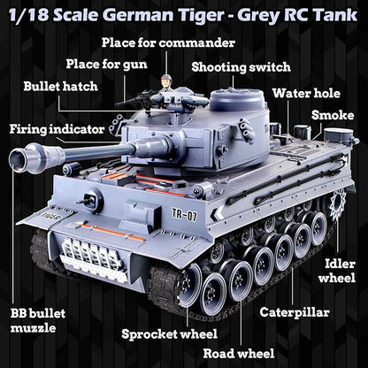 1/18 Remote Control Tank German Tiger - Gray RC Tank Thats Shoots BBS 60 Minute Playing Time Smoke Sound LED Lights Excellent Gift for Kids and Adults