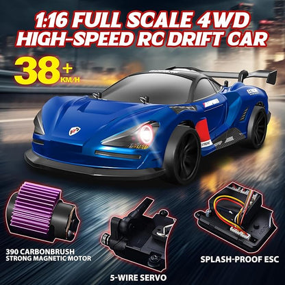 1/16 Fast RC Cars for Adults RC Drift Car 38KM/H High-Speed 4WD Full Proportional Control 6 LED Light Modes 2 Rechargeable Batteries RTR Drifting for Adults Gift for Boys Kids and Girls