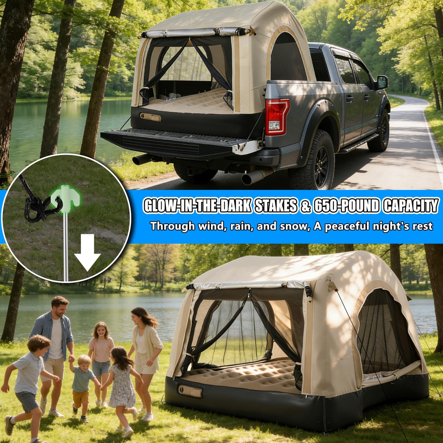 OPP ULITE Foldable Pickup Truck Bed Tent, Full Size Sportz Air Mattress, Camping & Outdoor Truck Tent, 2-Person Portable Includes Pillows & Glow-in-The-Dark Stakes