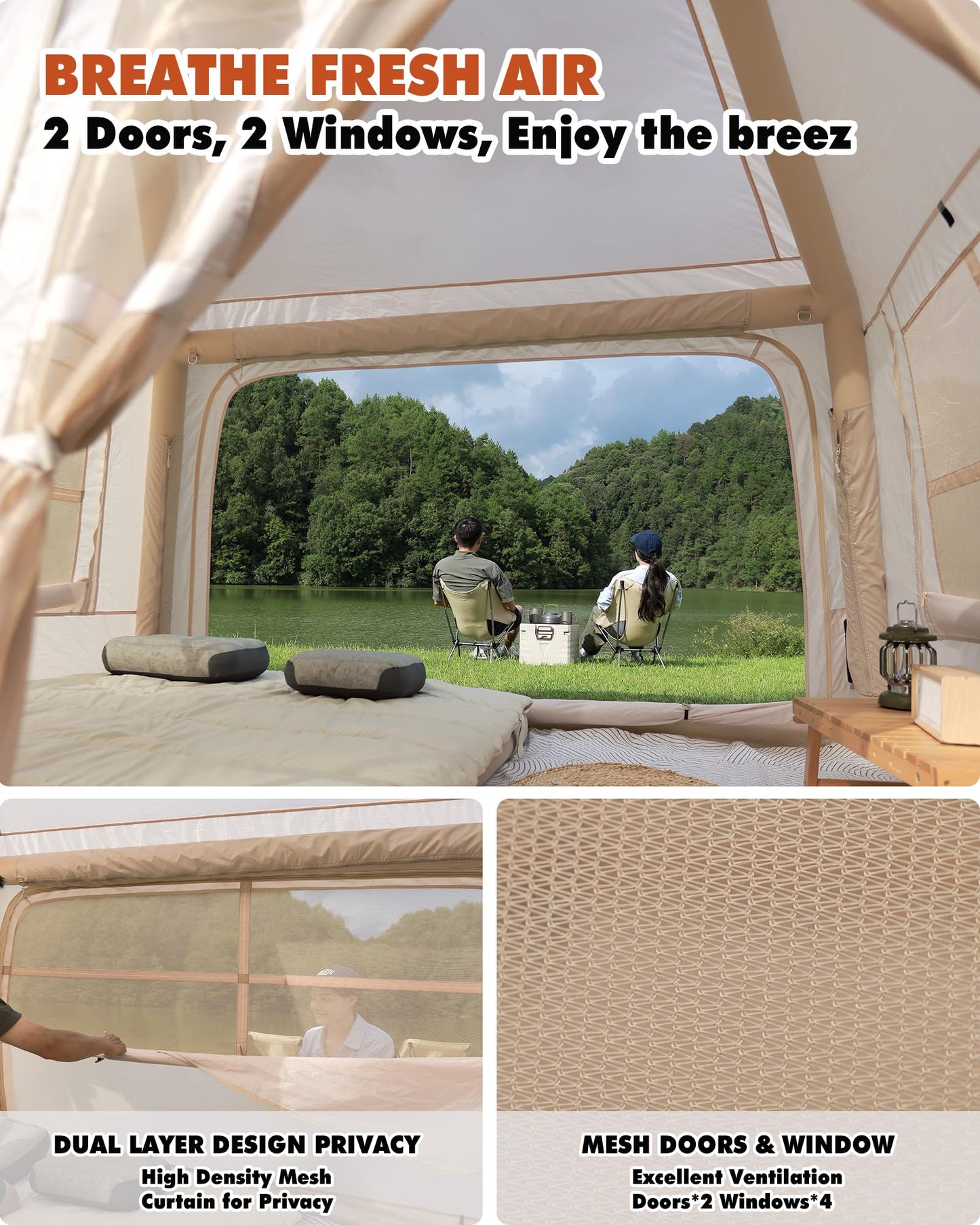 3-4 Person Inflatable Camping Tent Portable Air Cabin Blow Up Tent with Hand Pump Easy Setup Waterproof for Camping Family Backpacking Hiking