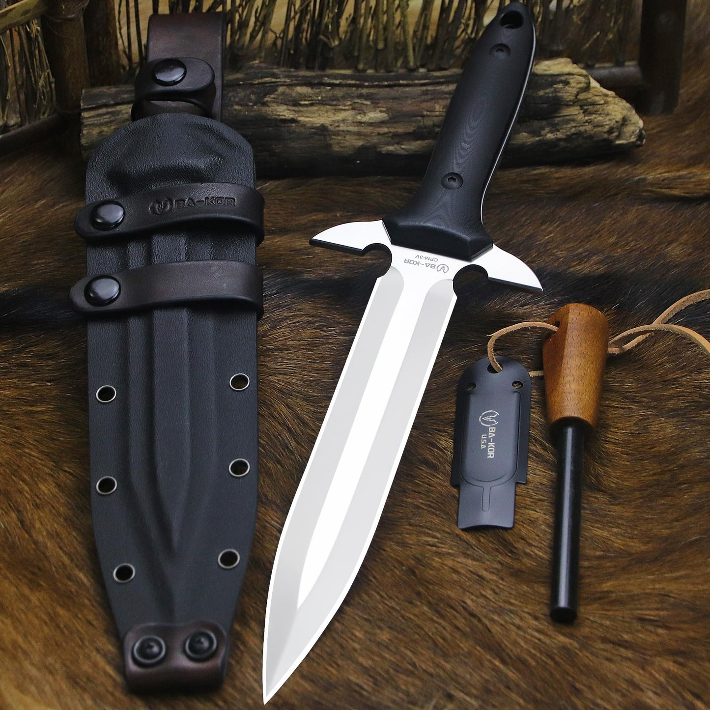 BA-KOR 14.4” Fixed Blade Hunting Knife, CPM 3V Steel Full Tang Survival Knife, 5mm Thick Mirror Polished Blade, G10 Handle, Leather Wrapped Kydex Sheath & 5.9” Fire Starter