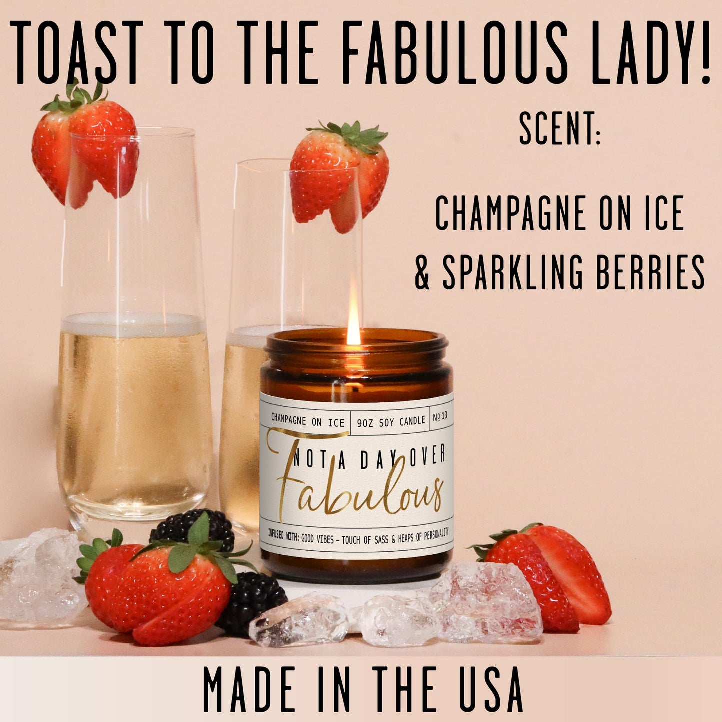 Birthday Gifts for Women Friendship -'Not a Day Over Fabulous' Soy Candle, w/Champagne on Ice I 40th 50th 60th 70th Happy Birthday Gifts for Mom, Grandma, Sister, Coworker, Aunt, Wife I Made in USA