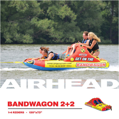 SportsStuff Bandwagon 2+2 Towable 1-4 Rider Tube for Boating and Water Sports, Kwik-Connect Tow, Heavy-Duty Full Nylon Cover and EVA Padding