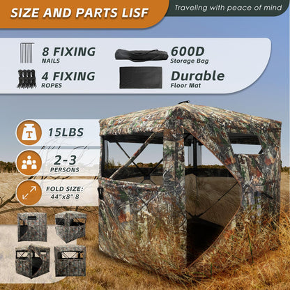 FUNHORUN Hunting Blind with Floor Mat, 360 Degree See Through Ground Blind with Carrying Bag, 2/3 Person Pop Up Camouflage Tent Portable Concealed Shelter
