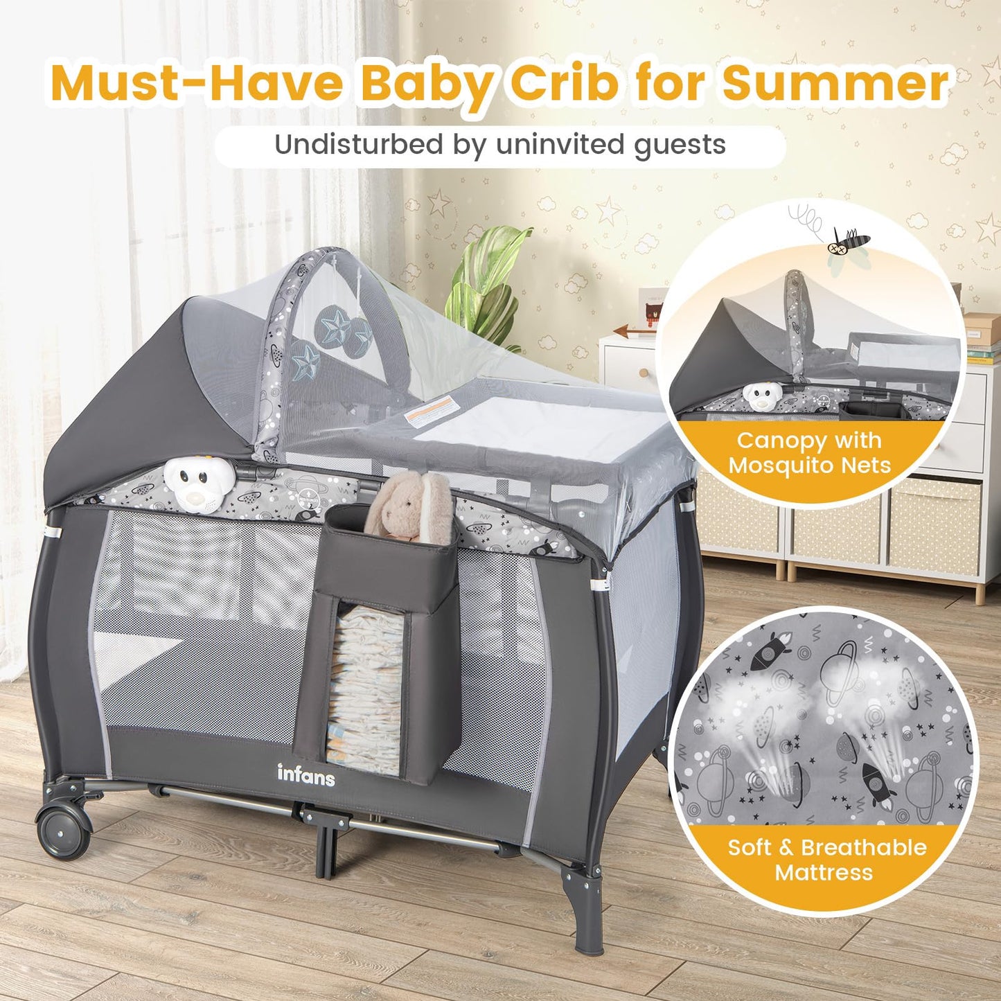 INFANS 4 in 1 Pack and Play, Portable Travel Baby Playard with Bassinet, Changing Table, Canopy, Mosquito Net, Hanging Toys, Music Box, Storage Bag, Large Playpen from Newborn to Toddlers (Grey)