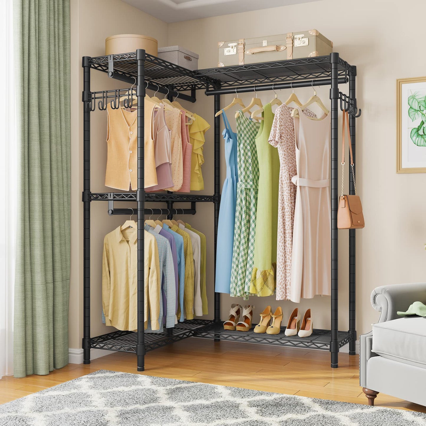 VIPEK L4 Clothes Rack L Shaped Garment Rack for Corner, 810lbs Heavy Duty Portable Closet Metal Clothing Rack, Adjustable Shelving/Sturdy Hanging Rods/Side Hooks, Black