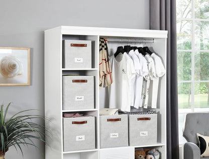 DECOMOMO Storage Baskets - 13x15x13 Cube Bins with Labels for Organized Shelves | 4-Pack, Light Grey
