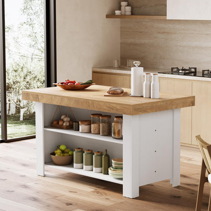 LITTLE TREE 55 Inches Kitchen Island with Storage, 3-Tier Farmhouse Stationary Island Table with Large Worktop & Leg Room, Modern Coffee Bar Table with Storage Shelf for Kitchen, Oak & White