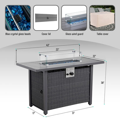 Werph 43" Propane Fire Pit Table with Rattan Fence, 50,000 BTU Gas Fire Pits for Outside Patio with Auto-Ignition, 2-in-1 Fire Table with Natural Lava Rock, Wind Guard& Removable Lid, Black