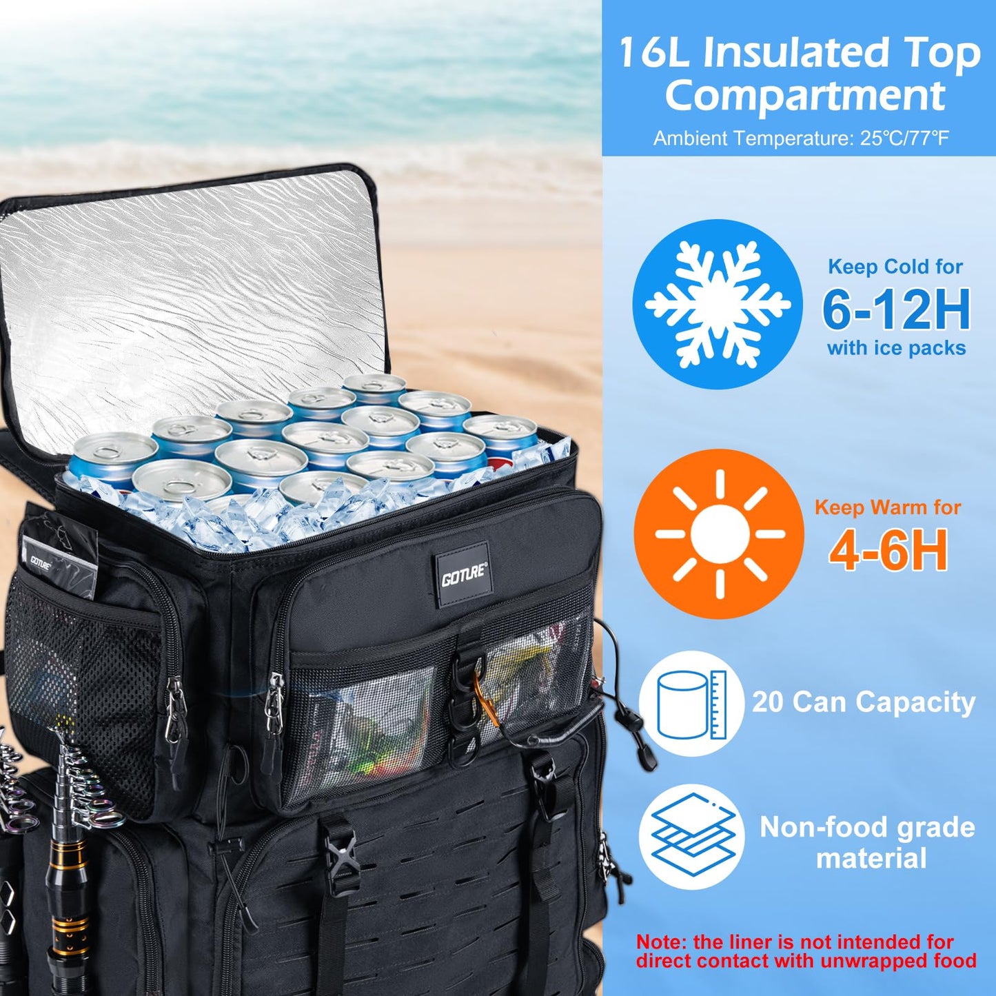 Goture Fishing Backpack with Cooler, 72L 600D Tackle Backpack Included 4 3700 Tackle Boxes, Dry & Wet Split Compartment, Large Fishing Tackle Bag with Rod Holders,Rain Cover for Travel Camping Hiking