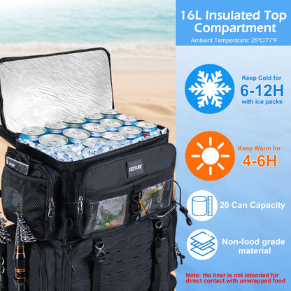 Goture Fishing Backpack with Cooler,72L Large 600D Tackle Backpack with Rod Holders,Dry & Wet Split Compartment,Adjustable Main Compartment,Rain Cover,Insulated Tactical Bag for Travel Camping Hiking