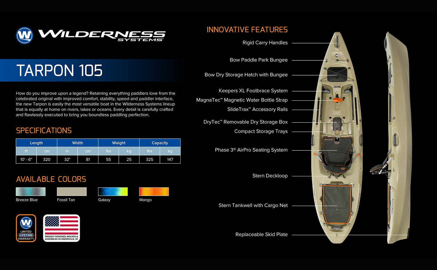 Wilderness Systems Tarpon 105 | Sit on Top Fishing Kayak | Premium Angler Kayak | 10' 6" | Galaxy