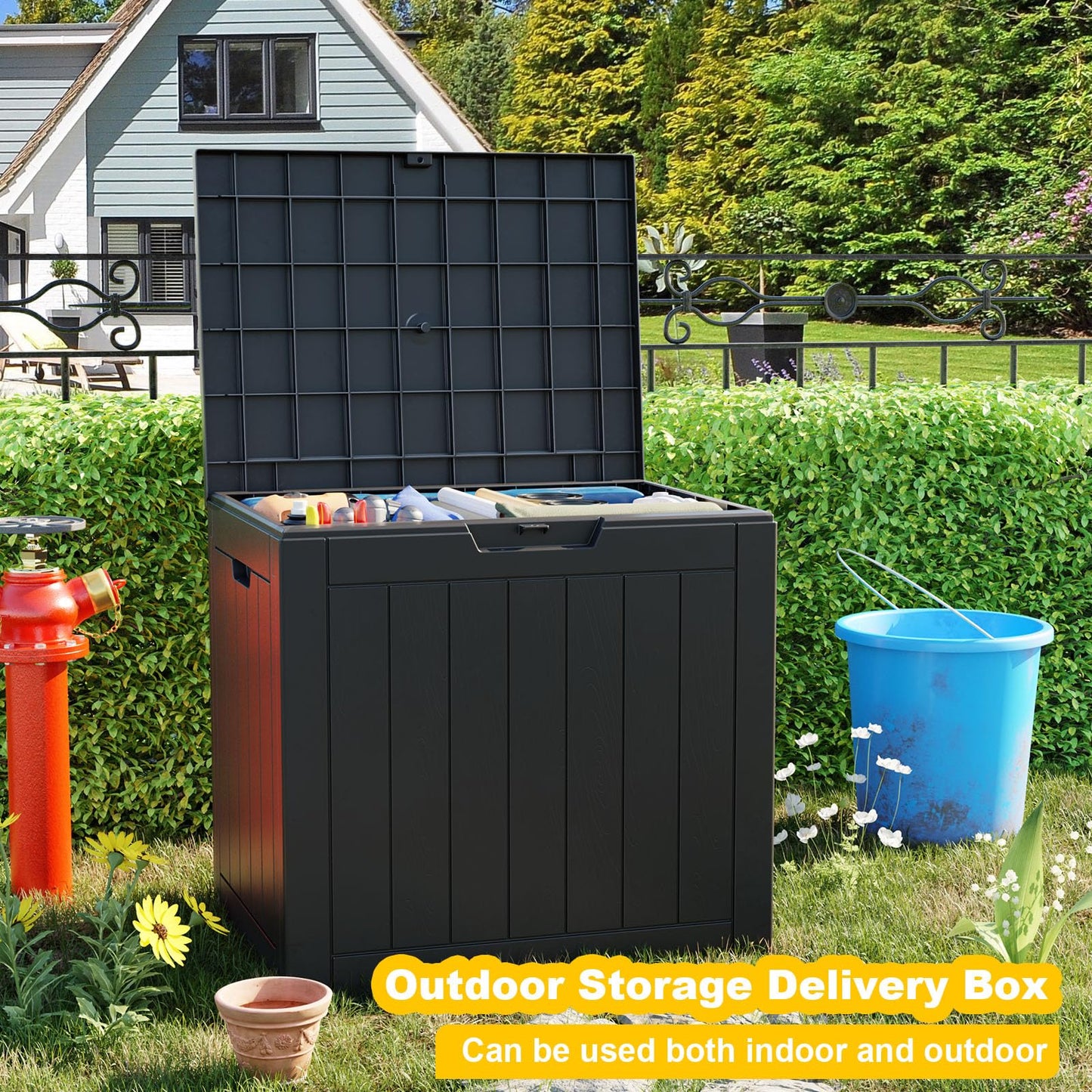 MAIUSCOLI 30 Gallon Outdoor Deck Box, Lockable Waterproof Outdoor Storage Boxes For Garden Tools,Indoor Cushions,Accessories Outside Storage Resin Weatherproof Container(Black)