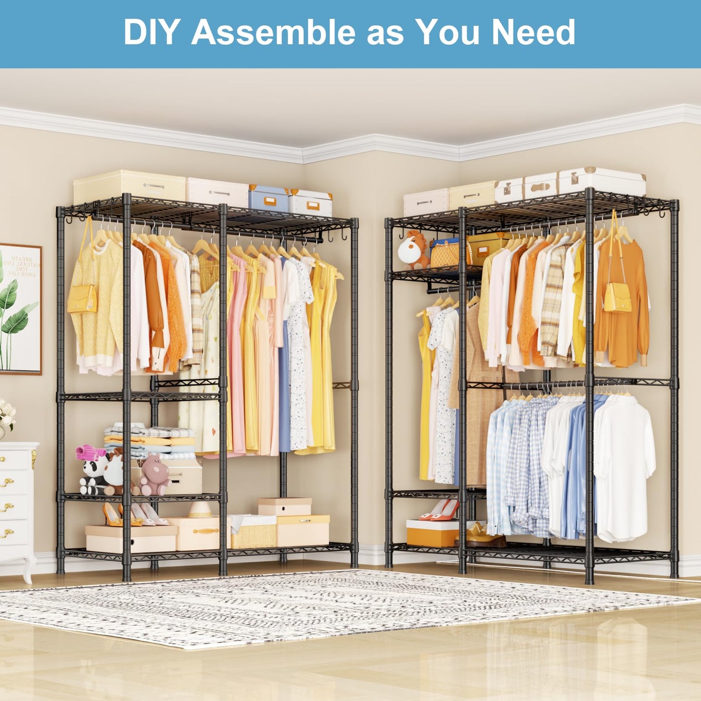 Ulif F7 Medium Garment Rack, Heavy Duty Clothes Rack, Clothing Racks for Hanging Clothes, 6-Tiers Freestanding Portable Closet Storage Rack 45'' W × 14.6'' D × 76.6'' H, Max Load 750 Lbs, Black