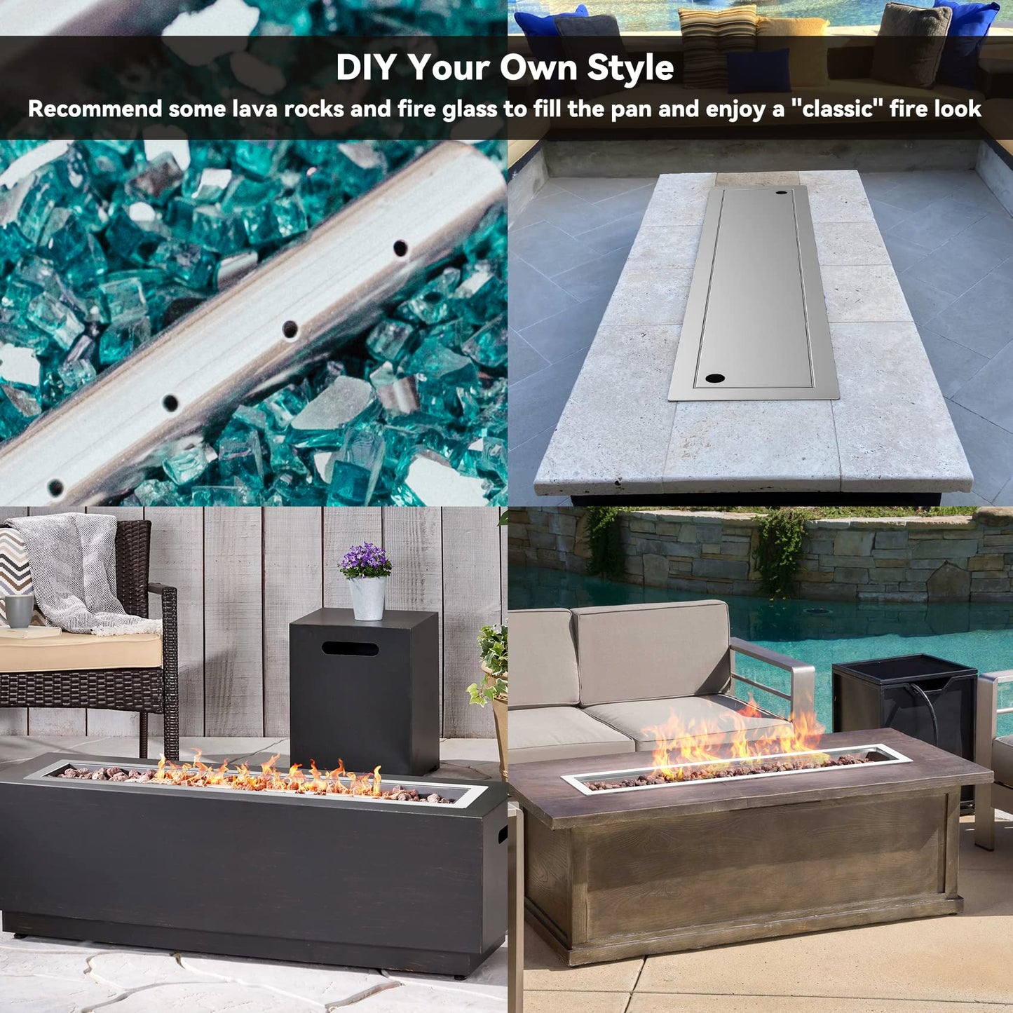 Skyflame Linear Stainless Steel Drop-in Fire Pit Pan and Burner with Burner Cover, 42 by 6-Inch