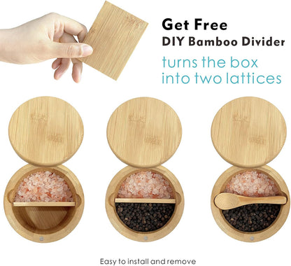 ThougrLyh Bamboo Salt Box - Magnetic Swivel Lid Salt Cellar with Spoon for Spices & Herbs