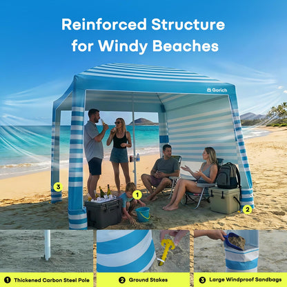 Gorich Beach Cabana with UPF50+ UV Protection, 8x8 FT/10x10 FT Beach Canopy Tent with Side Wall, Easy Setup, Windproof Portable Sun Shelter Shade for Family