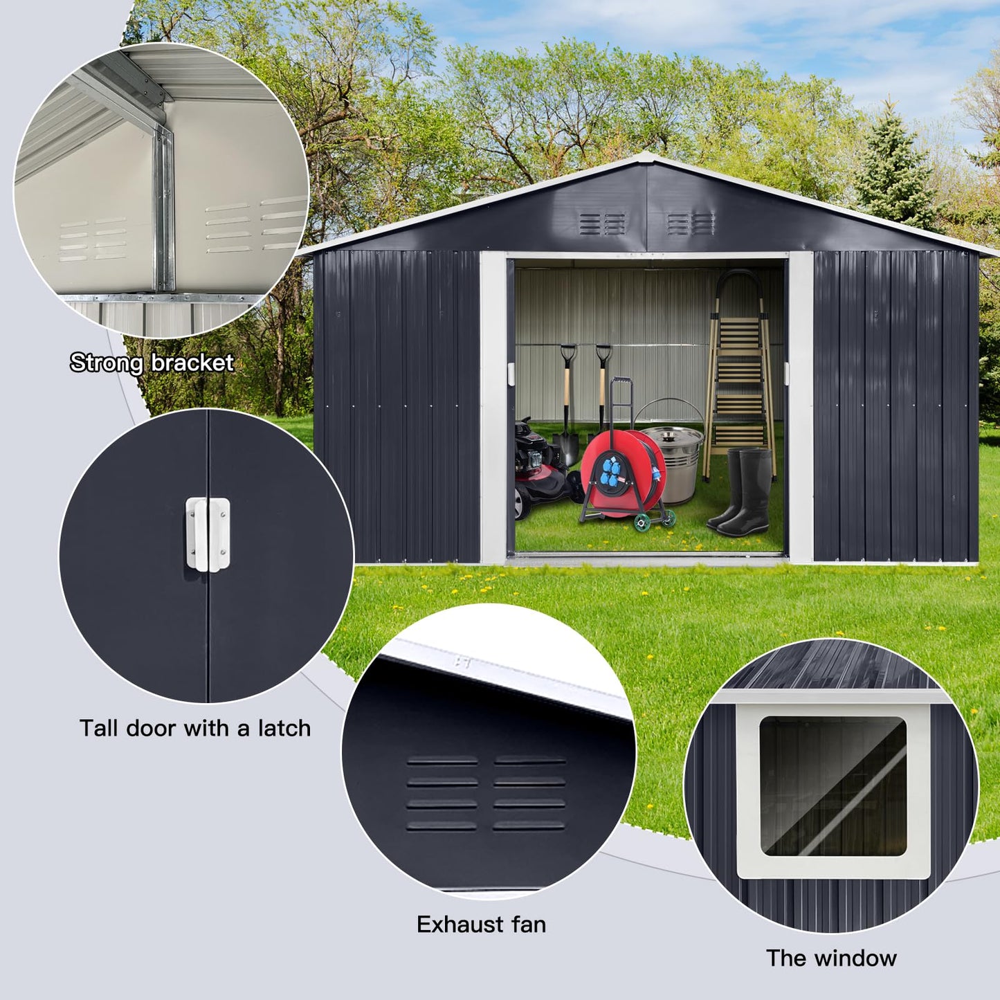 KEIKI 10.6 x 11.2FT Outdoor Storage Shed with Window, Sliding Door, Sloped Roof，Metal Garage Tool Bike Sheds for Backyard, Garden, Patio, Lawn,Gray