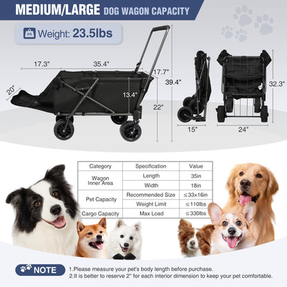 REDCAMP Folding Dog Wagon Cart with Extendable Rear End Heavy Duty, 220L Large Collapsible Utility Cart Dog Stroller with Tailgate for Sports Shopping Pet, Black