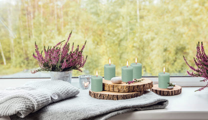 BOLSIUS 4 Pack Sage Green Rustic Pillar Candles - 2.75 X 3.25 inches - Premium European Quality - Includes Natural Plant-Based Wax - Unscented Dripless Smokeless 35 Hour Party and Wedding Candles