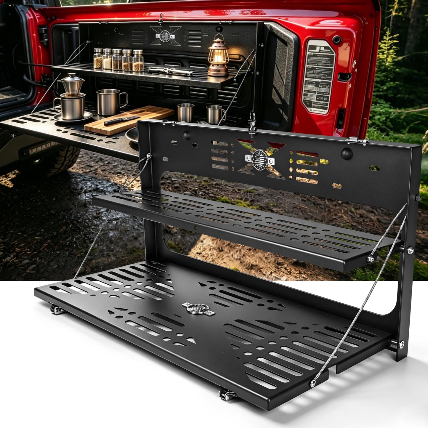 OFFROAD GAMERS 2-Tier Tailgate Table for Jeep Wrangler JK JL JLU 2007-2024 Accessories, Foldable Rear Cargo Shelf Molle Panel Organizer, Heavy Duty 100LBS Capacity Camping Kitchen Workbench