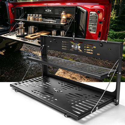 OFFROAD GAMERS 2-Tier Tailgate Table for Jeep Wrangler JK JL JLU 2007-2024 Accessories, Foldable Rear Cargo Shelf Molle Panel Organizer, Heavy Duty 100LBS Capacity Camping Kitchen Workbench