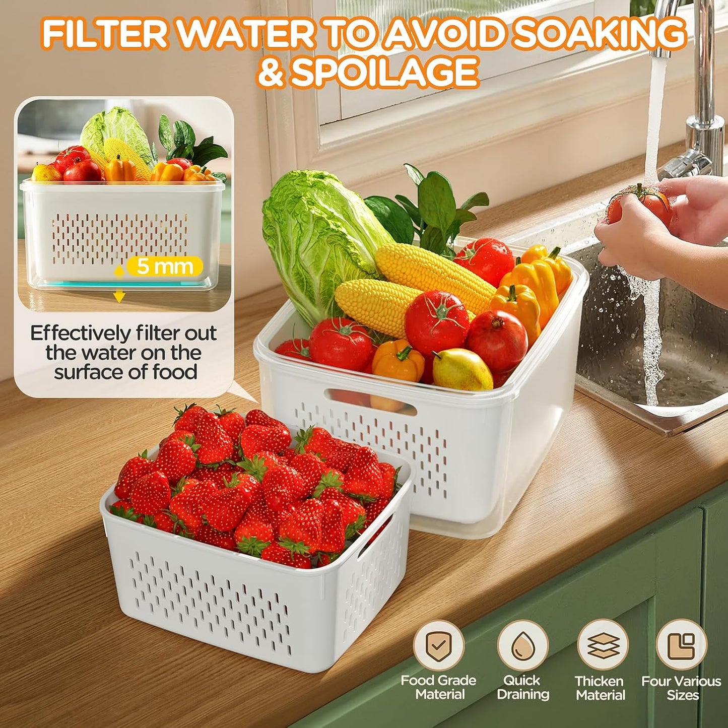 Skiennix 6-Piece Fruit Storage Containers - Leakproof Design with Removable Colanders for Fresh Produce