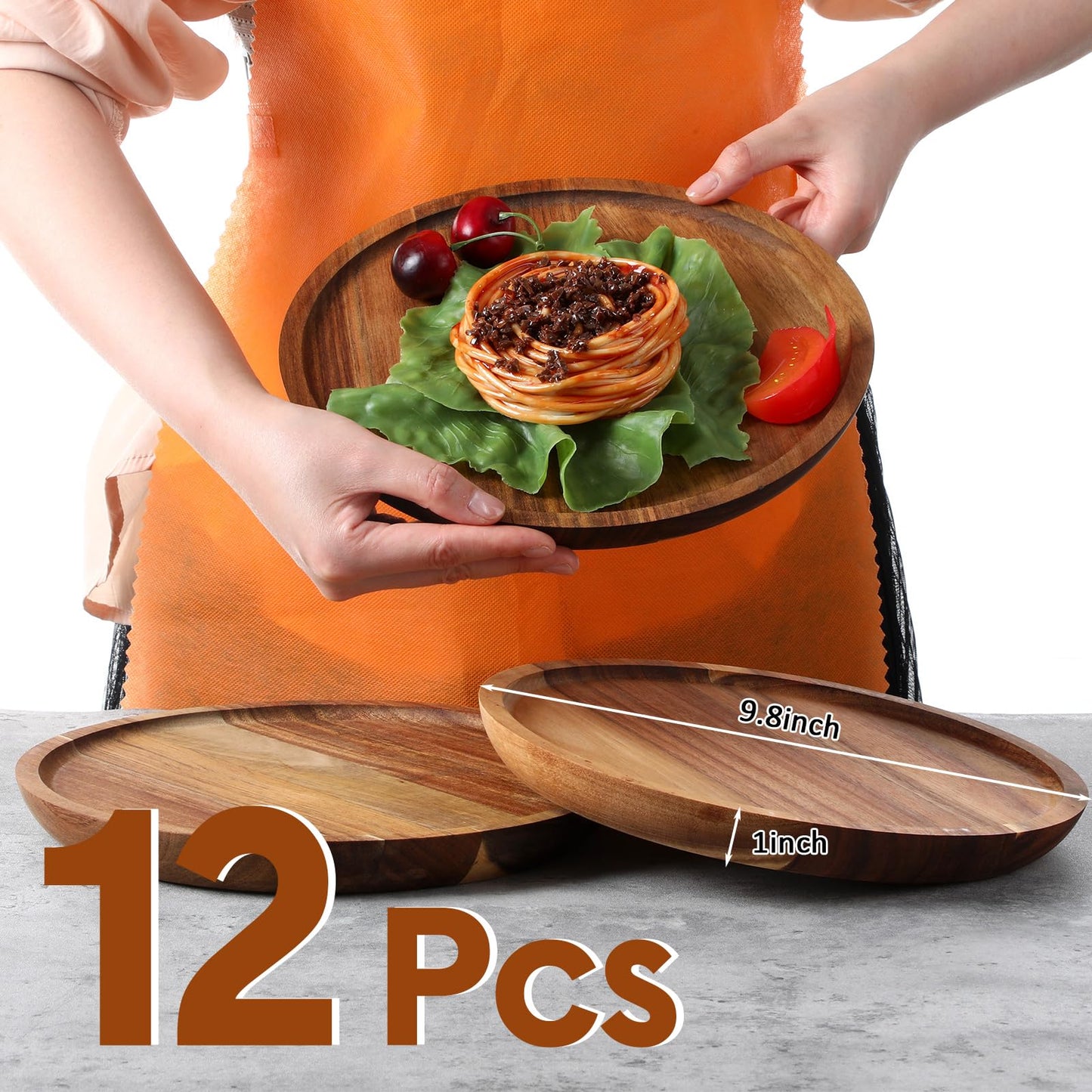 Rtteri 12 Pcs Acacia Wood Dinner Plates Round Wood Dishes Wooden Charger Serving Tray Easy Cleaning Lightweight Unbreakable Classic Plate for Snack Dessert Housewarming Gift(0.98 Inches)