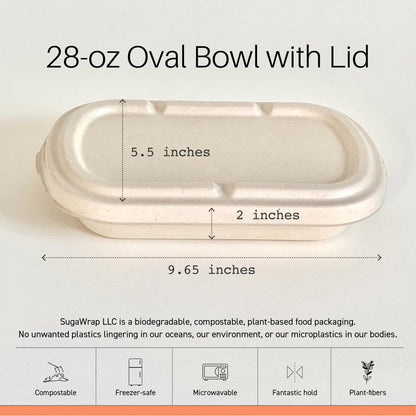 SugaWrap Disposable 28oz Oval Food Containers with Lids - Eco-Friendly Biodegradable Bamboo & Sugarcane, Sturdy & Leak Resistant, Freezer & Microwave Safe for Hot & Cold [400 Bowls + 400 Lids]