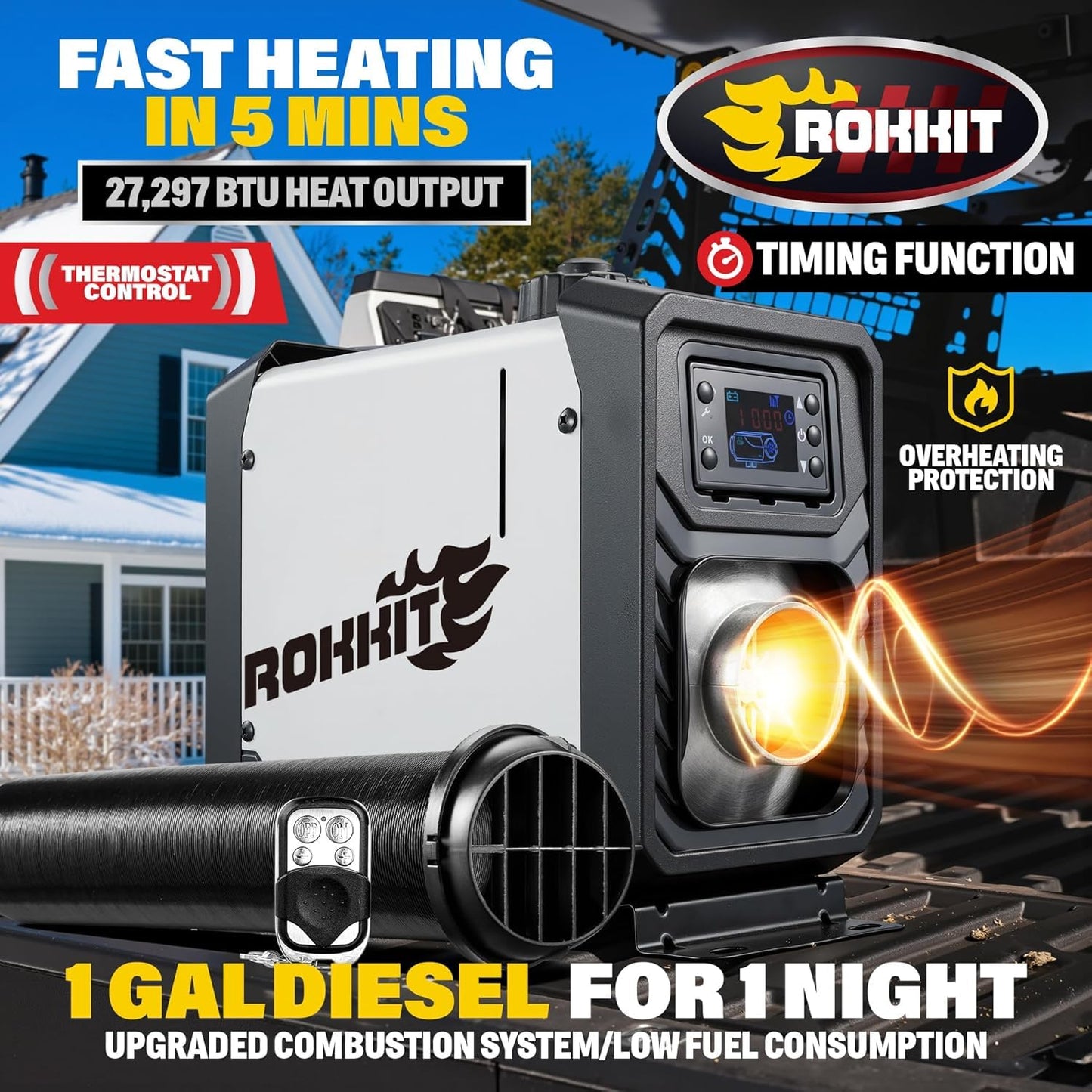[2026 Version] ROKKIT 8KW Diesel Heater, 110V/12V All-in-One Diesel Air Heater, Portable Diesel Heater with LCD Monitor & Remote, Fast Heating Low Noise Diesel Parking Heater for Tent, Car, RV, Camper