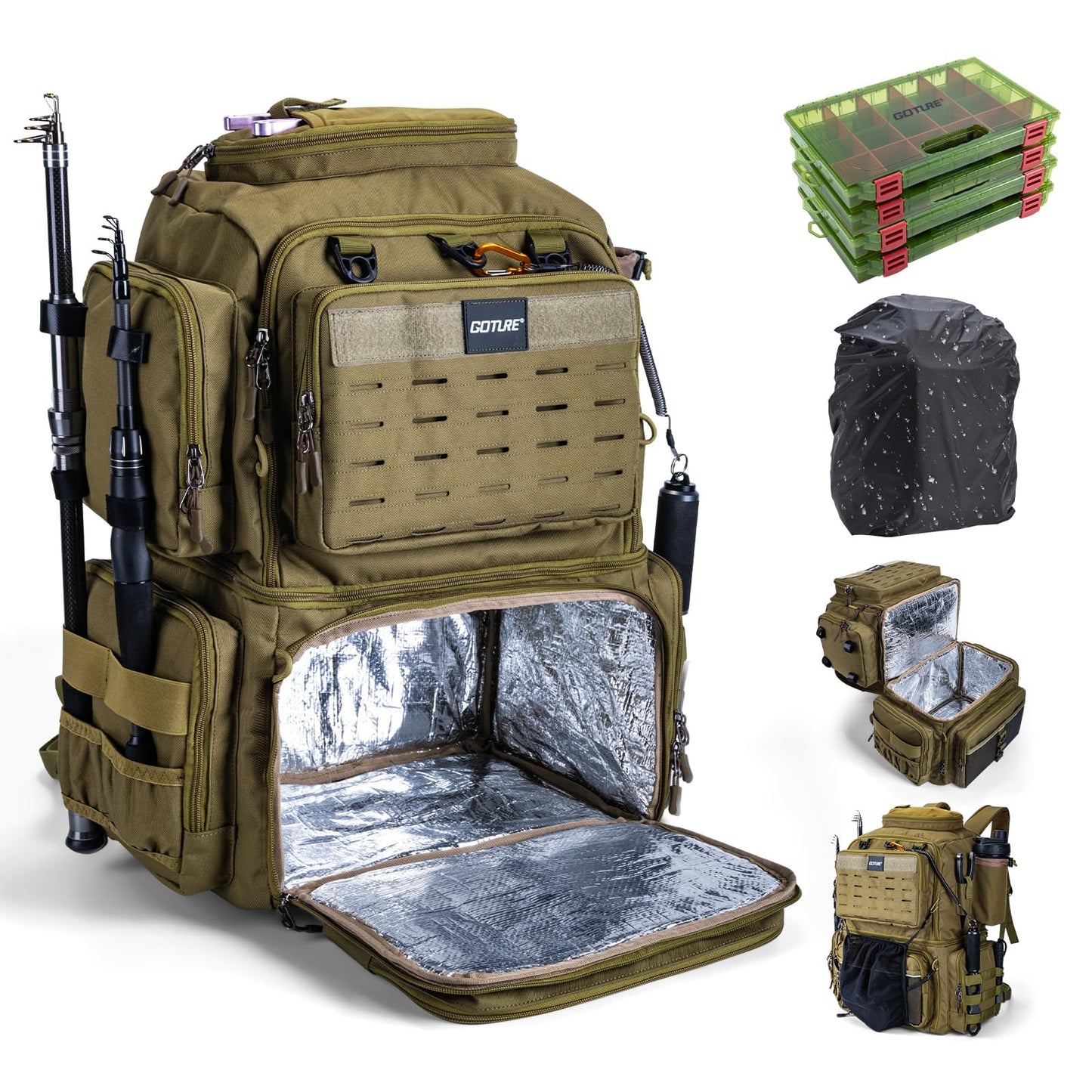 Goture Fishing Backpack with 4 Tackle Boxes, 78L 600D Water-Resistant Tackle Backpack with Cooler,Rod Holders, 8 Lure Pockets, Rain Cover, Large Fishing Bag Storage Gear Tackle Bag for Camping Hiking